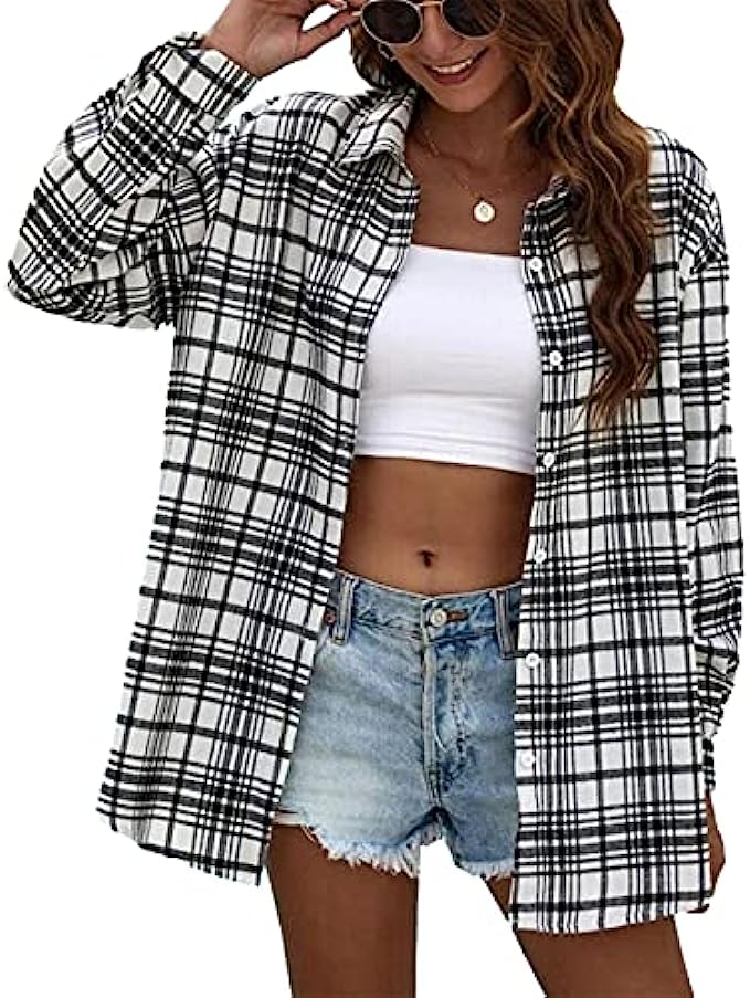 Bozanly Flannel Buffalo Plaid Shirts for Women Oversized Button Down Shacket Blouse Tops