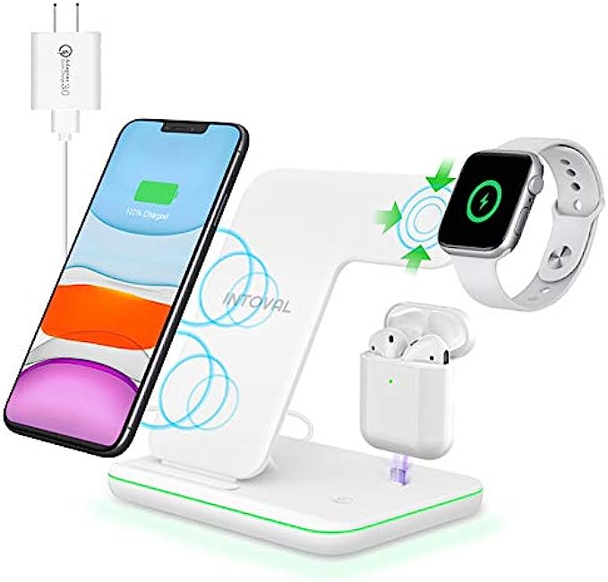 Intoval Wireless Charger, 3 in 1 Charger for iPhone/iWatch/Airpods, Qi-Certified Charging Station for iPhone 13/12/11/Pro/Max/XS/Max/XR/XS/X, iWatch 7/6/SE/5/4/3/2, Airpods Pro/3/2/1 (Z5,White)