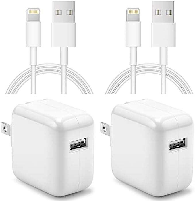 iPad Charger iPhone Charger【Apple MFi Certified】 [2-Pack] 12W USB Wall Charger Foldable Travel Plug Block with 6FT USB to Lightning Cable Compatible with iPad iPhone, iPad, Airpod