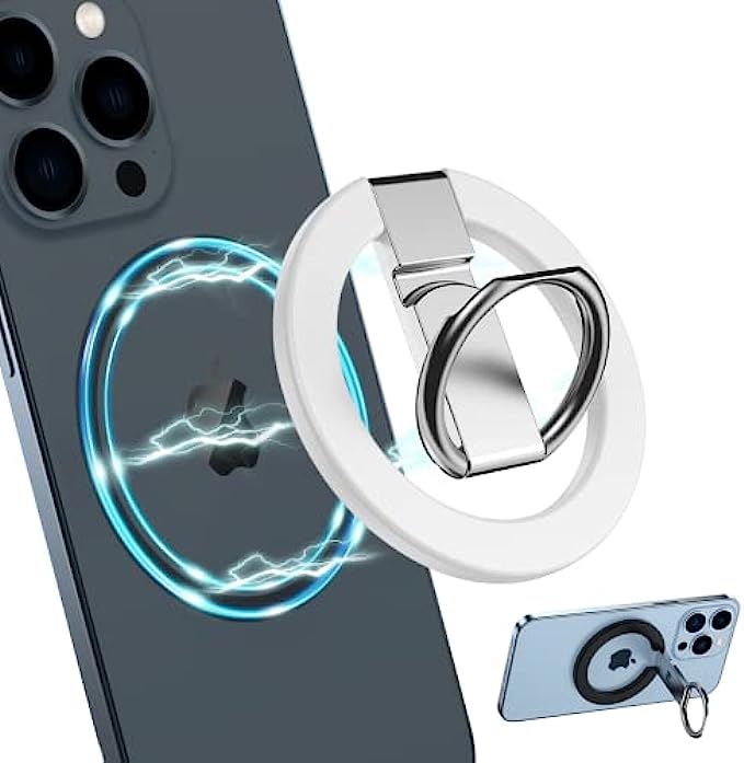 Foldable Retractable Magnetic Cell Phone Ring Holder for Hand(White),Magnetic Phone Grip Stand Finger Kickstand for iPhone 12/13 Mini/Pro/Max Magsafe Accessories