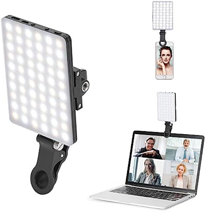 Newmowa 60 LED High Power Rechargeable Clip Fill Video Light with Front &amp; Back Clip, Adjusted 3 Light Modes for Phone, iPhone, Android, iPad, Laptop, for Makeup, Selfie, Vlog, Video Conference