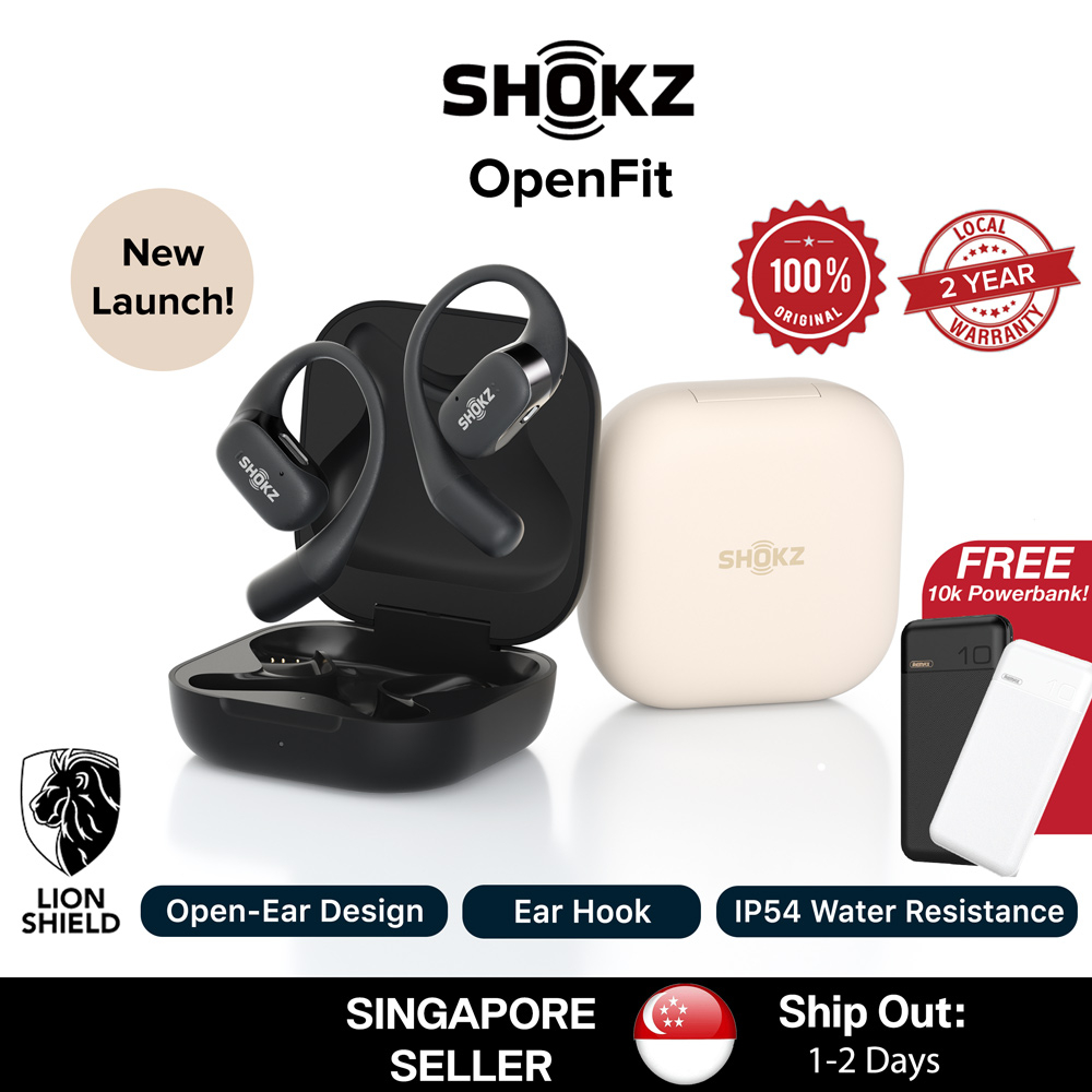 (SG) SHOKZ OpenFit Open-Ear Earbuds with Earhooks and Microphone, True Wireless Bluetooth Earphones, IP54, 28h Playtime
