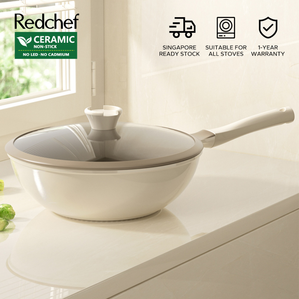 [New Arrival] Honcook Redchef Ceramic Rock Wok With Lid 32/30/28cm Non Toxic, PTFE &amp; PFOA Free- Oven Safe Suitable for All Stove Incl. Induction