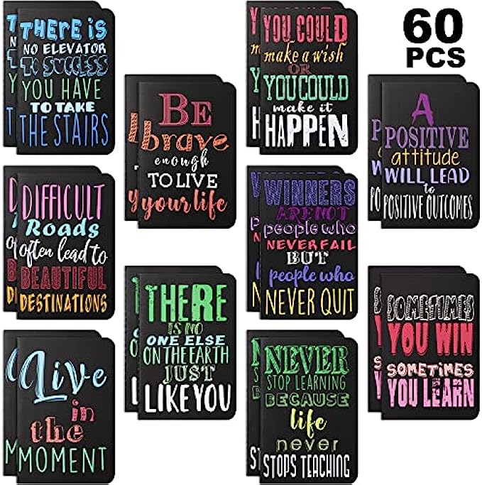 Inspirational gifts Notepads Mini Motivational Journal Notebook Bulk Small Pocket Notepads for School Office Home Travel Gift Supplies, 10 Styles(Bright Style,60 Pieces)