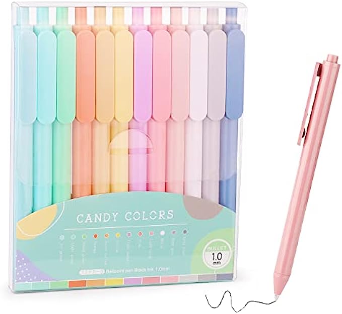 WY WENYUAN 12Pcs Ballpoint Pens, Comfortable Writing Pens, Pastel Retractable Pretty Journaling Pens, Black Ink Medium Point 1.0 mm Gift Pens, Cute Pens Office Supplies for Women&amp;Men