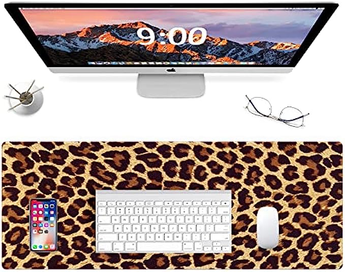 ZYCCW Large Gaming XXL Mouse Pad, Oversized Extended Mat Desk Pad Keyboard Pad (31.5"x11.8"x0.15") Thick Non-Slip Rubber Stitched Edges(Marble) (Leopard Print)