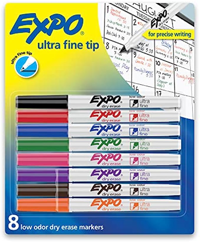 EXPO Low Odor Dry Erase Markers, Ultra-Fine Tip, Assorted Colors, 8 Pack