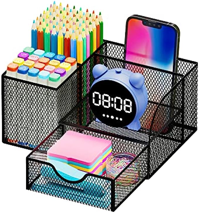 Desk Organizer and Accessories Storage with Drawer, Pen Holder and Sticky Note Tray to Collect Office Desk Supplies, Desktop Essentials for Home School Workspace College Dorm Room, Black…
