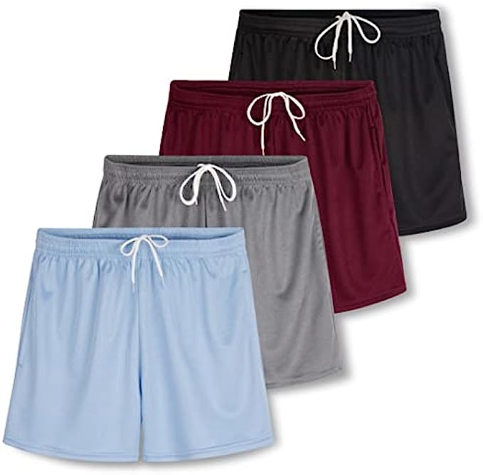 4 Pack: Womens Active Athletic Performance Mesh Shorts with Pockets (Available in Plus Size)