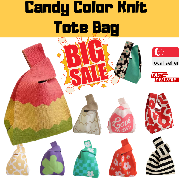 Candy Color Knit Tote Bag Women Handbags Cute Shopping Reusable Sling Bag